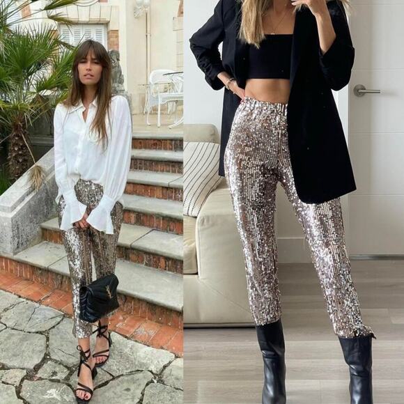 Zara Metallic Silver & Gold Cropped Pants Size Medium EUC Sequins Elastic Waist - Picture 9 of 9